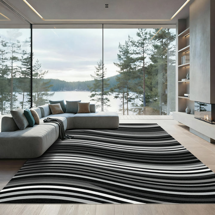 Modern Gray And White Wavy Stripes Rug