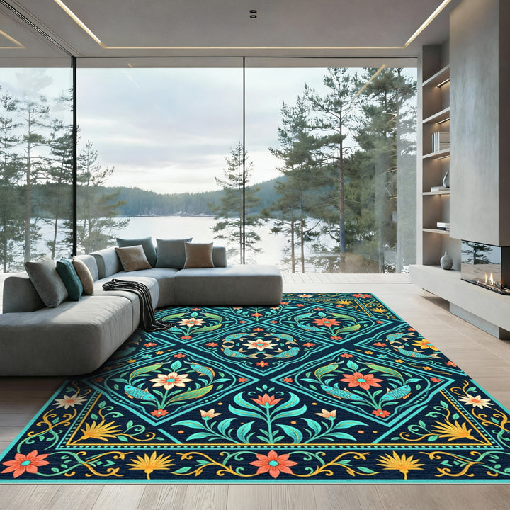 Aqua Teal Floral Fish Medallion Rug
