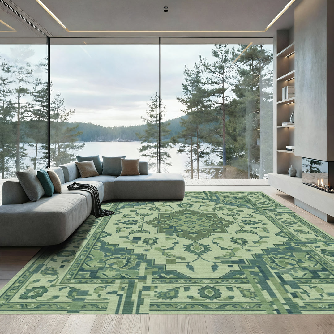 Muted Green Pixelated Floral Medallion Rug