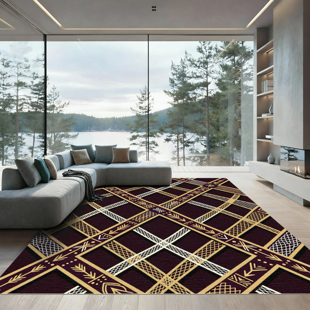 Golden Tribal Geometric Lattice Rug