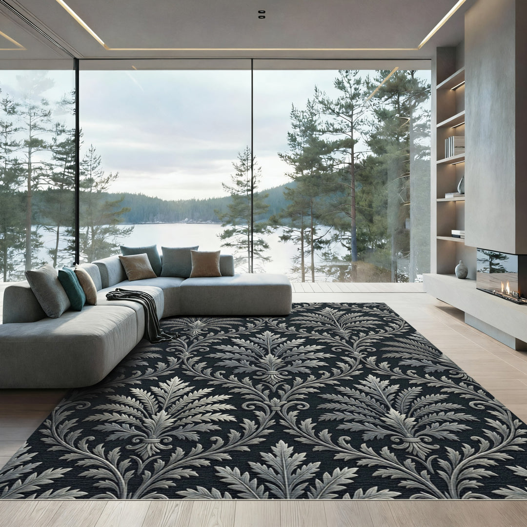 Ornate Silver Leaf Baroque Pattern Rug