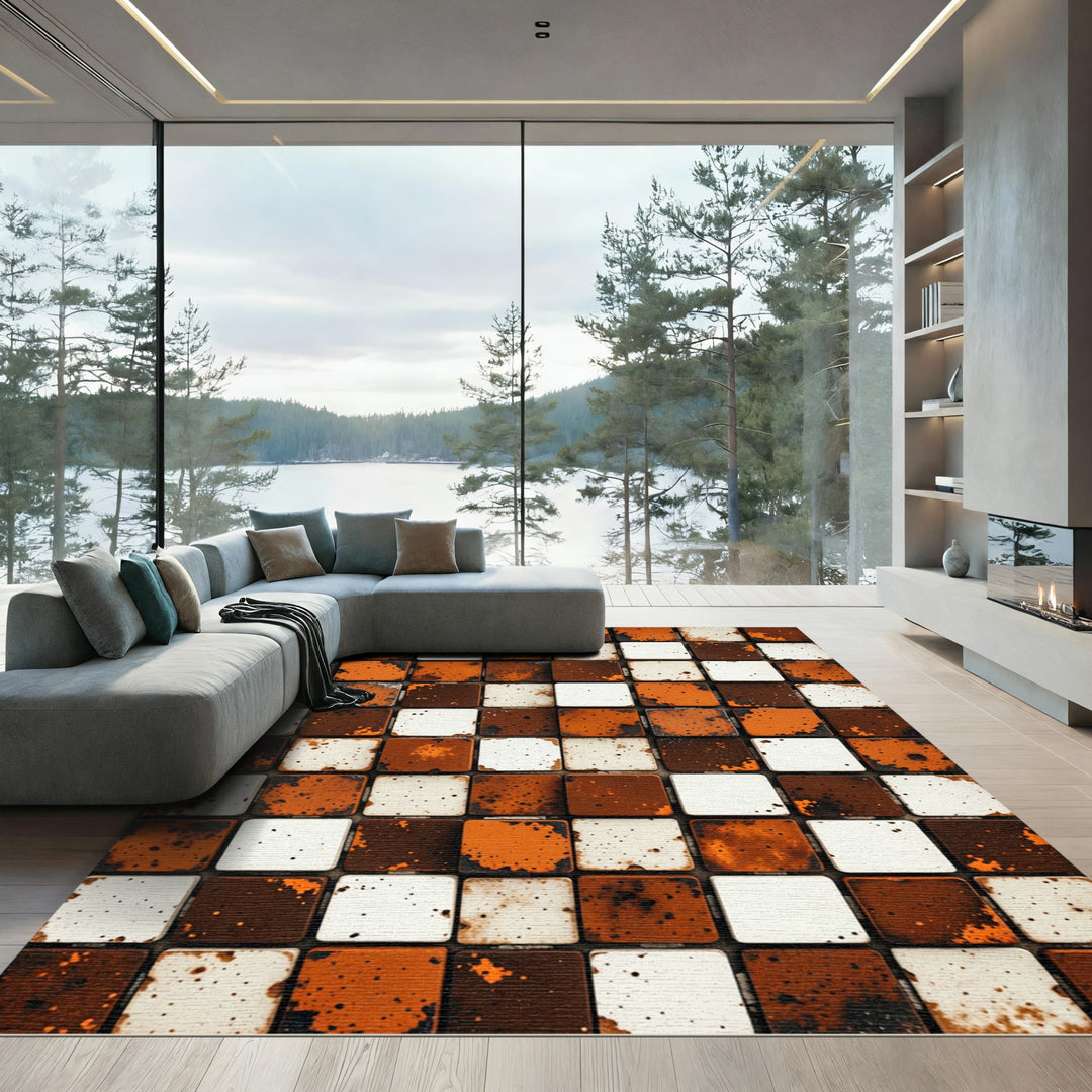Rustic Earthy Tile Checkerboard Rug