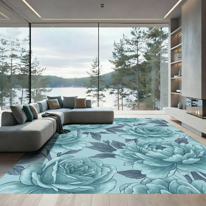 Teal Peony Garden Floral Rug