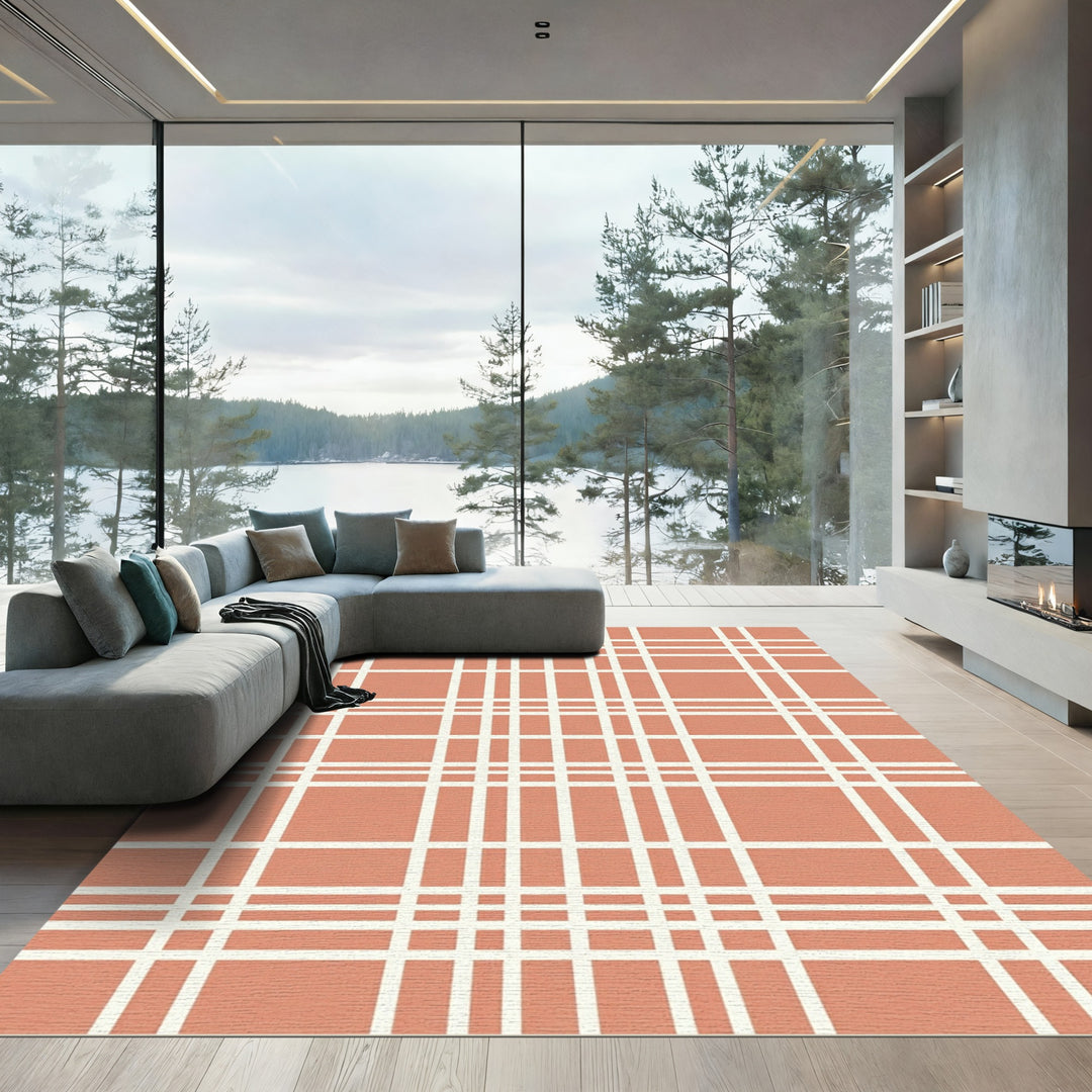 Terracotta White Checked Grid Rug