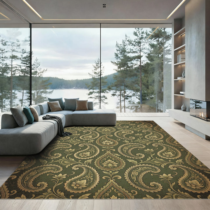 Golden Paisley Green Ornate Rug