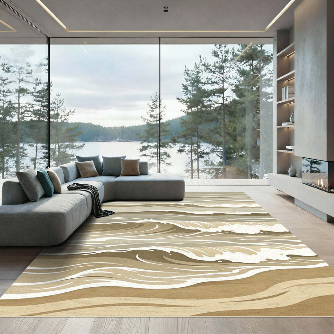 Serene Coastal Wave Abstract Rug