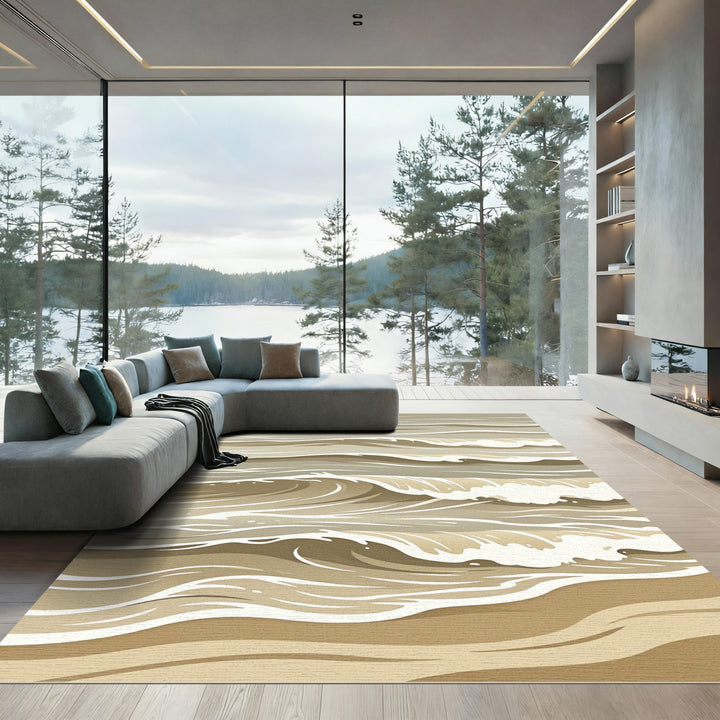 Serene Coastal Wave Abstract Rug