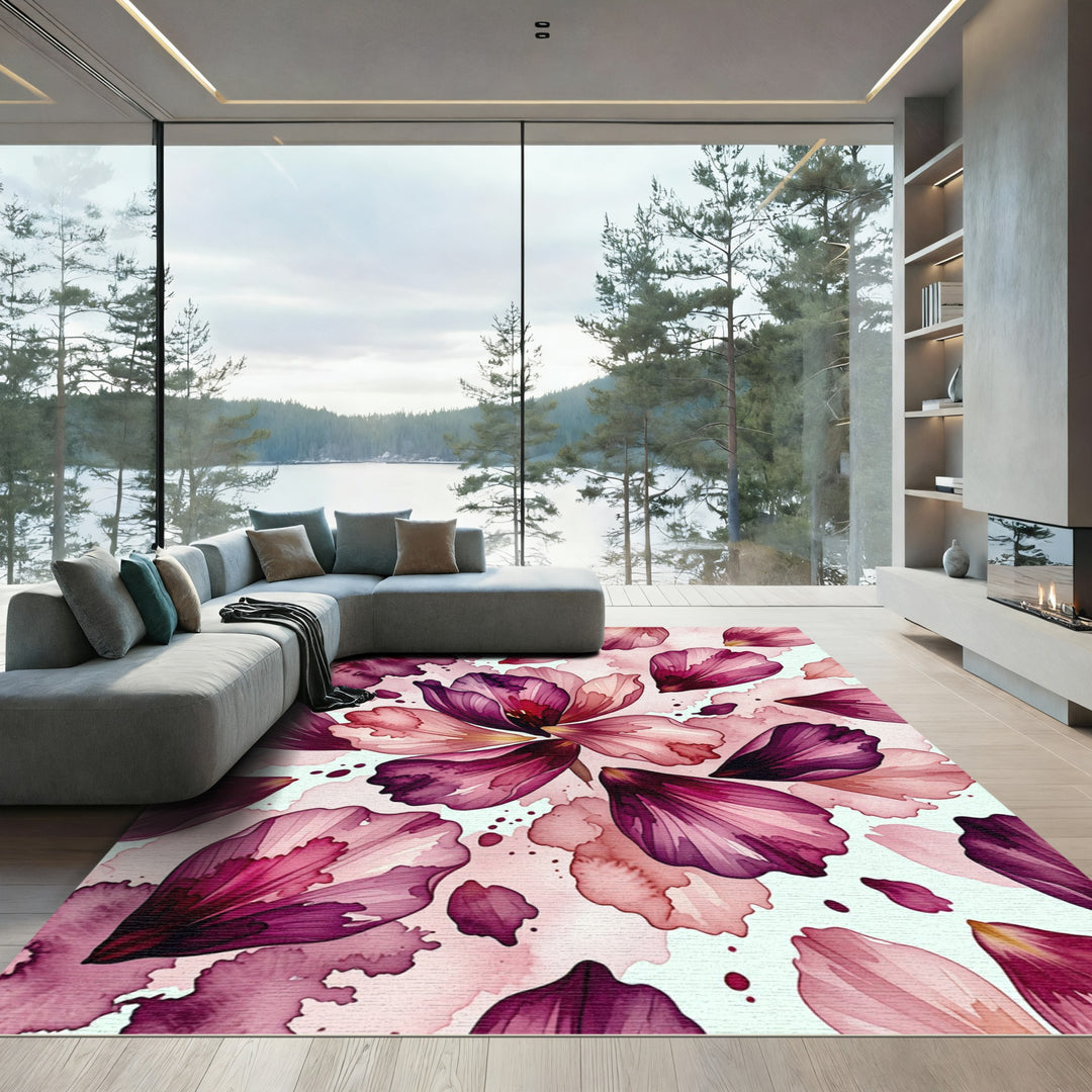 Vibrant Plum Pink Floral Watercolor Flow Rug