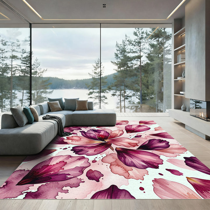 Vibrant Plum Pink Floral Watercolor Flow Rug