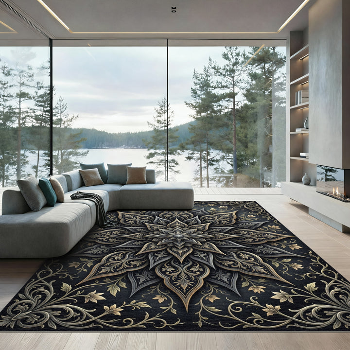 Dark Gray Golden Floral Medallion Rug