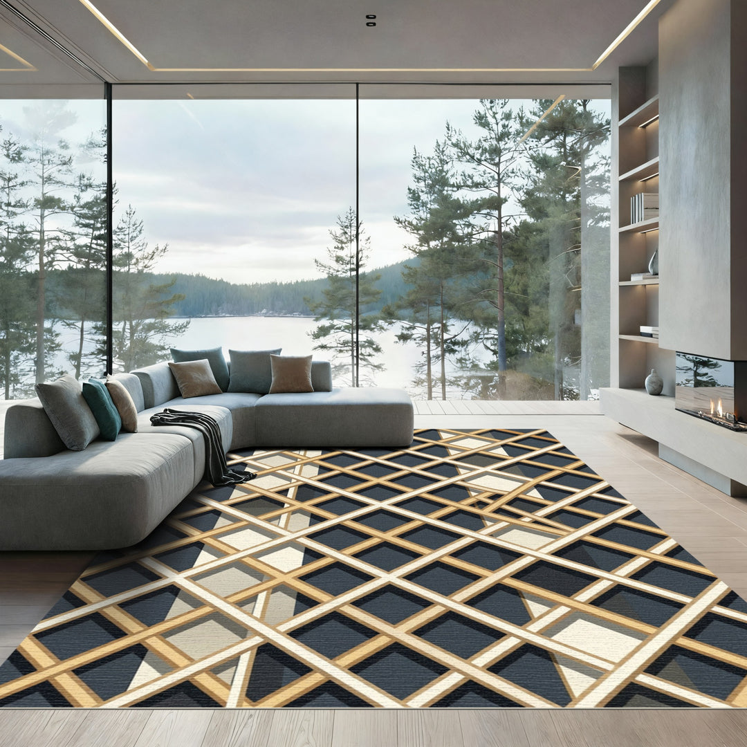 Interlocking Geometric Lattice Cream Gold Rug