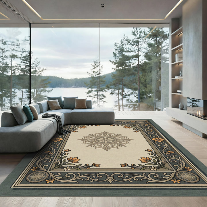 Ornate Floral Medallion Border Rug