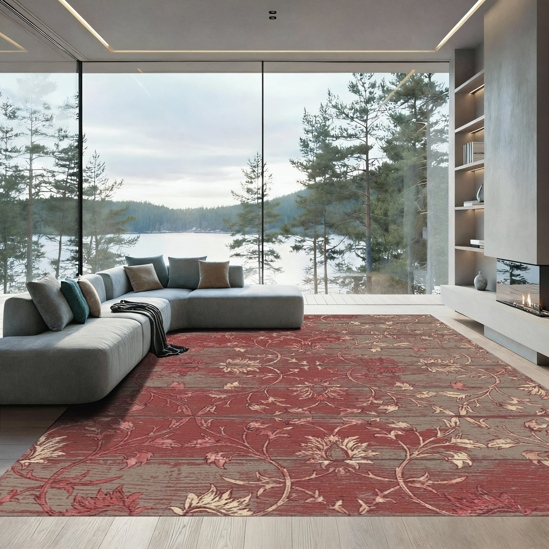 Rustic Red Scrolled Floral Wood Panel Rug