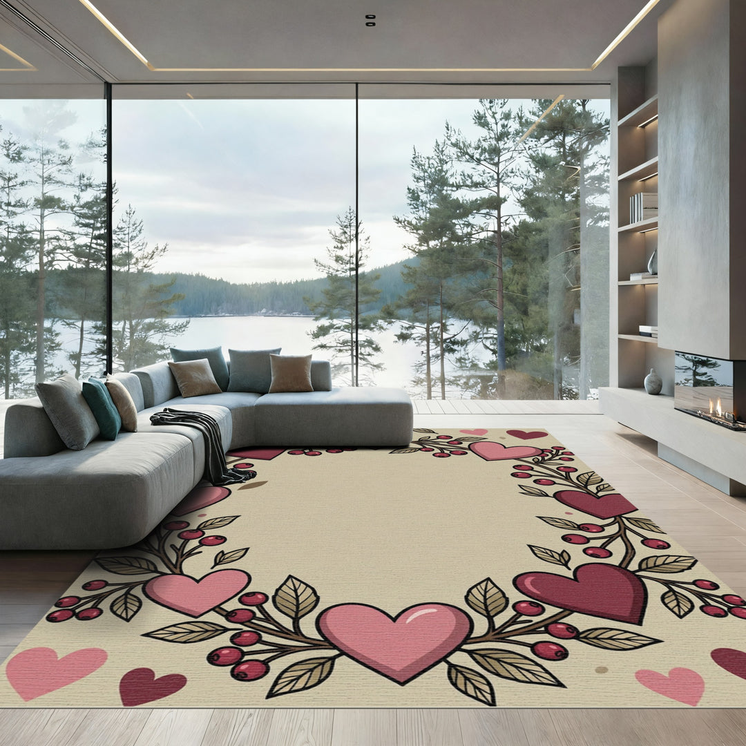 Crimson Pink Heart Berry Wreath Rug
