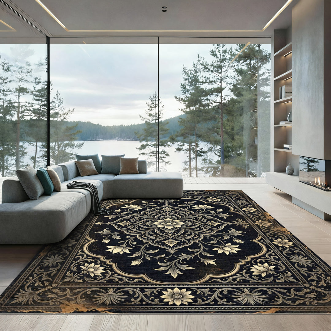 Elegant Noir Blossom Artistry Rug