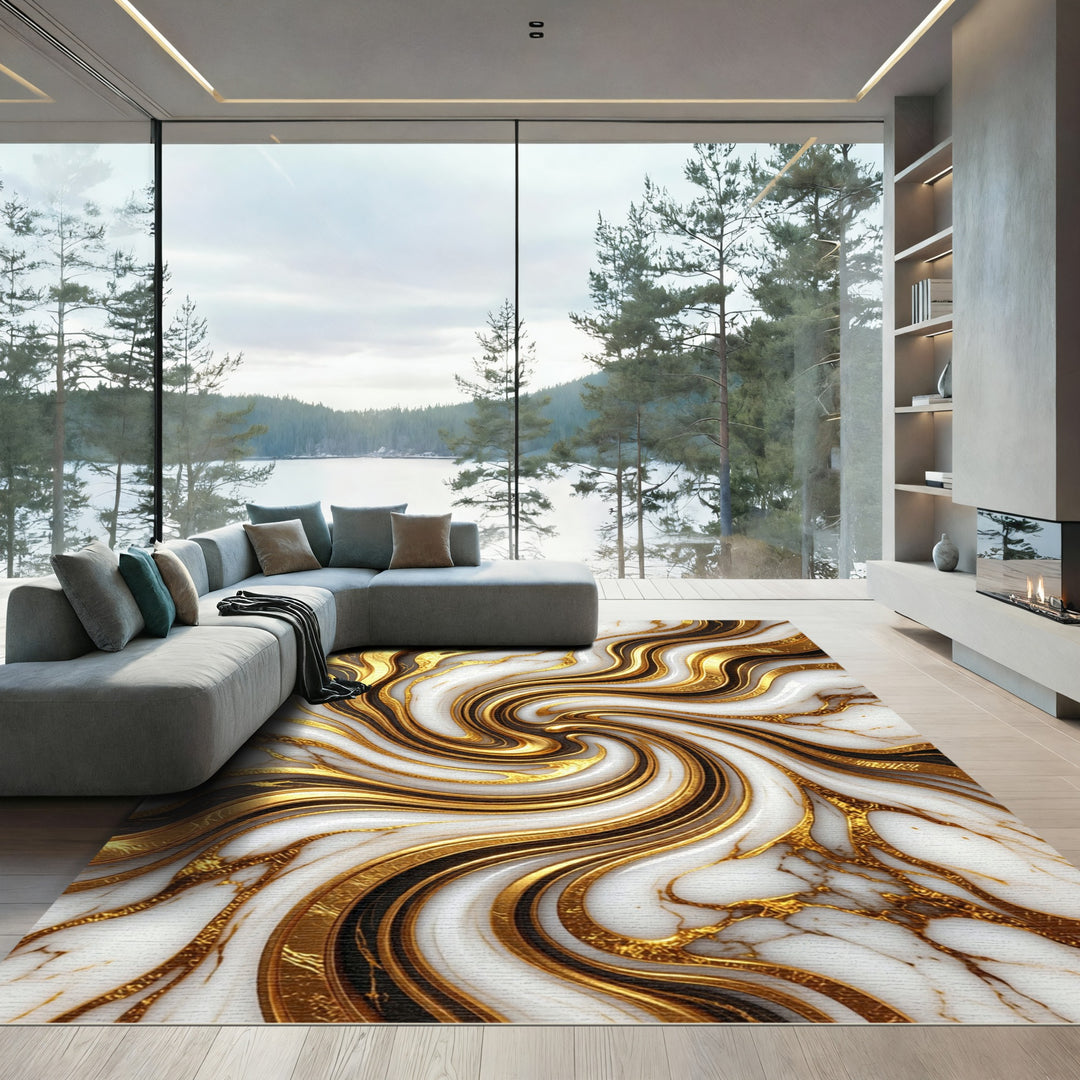 Luxe Swirl Marble Gold Black Rug