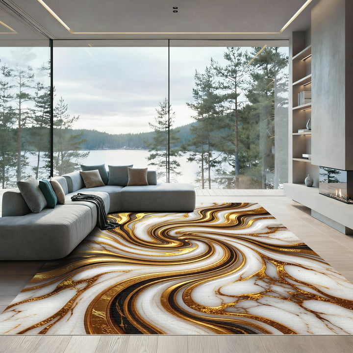 Luxe Swirl Marble Gold Black Rug