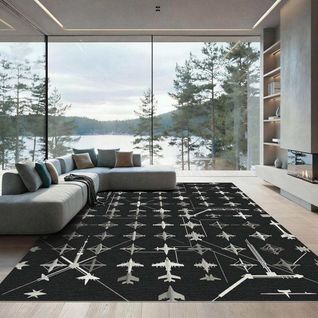 Modern Gray Futuristic Jet Aircraft Rug