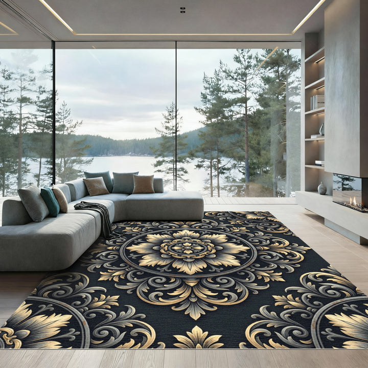 Gilded Floral Medallion Relief Rug