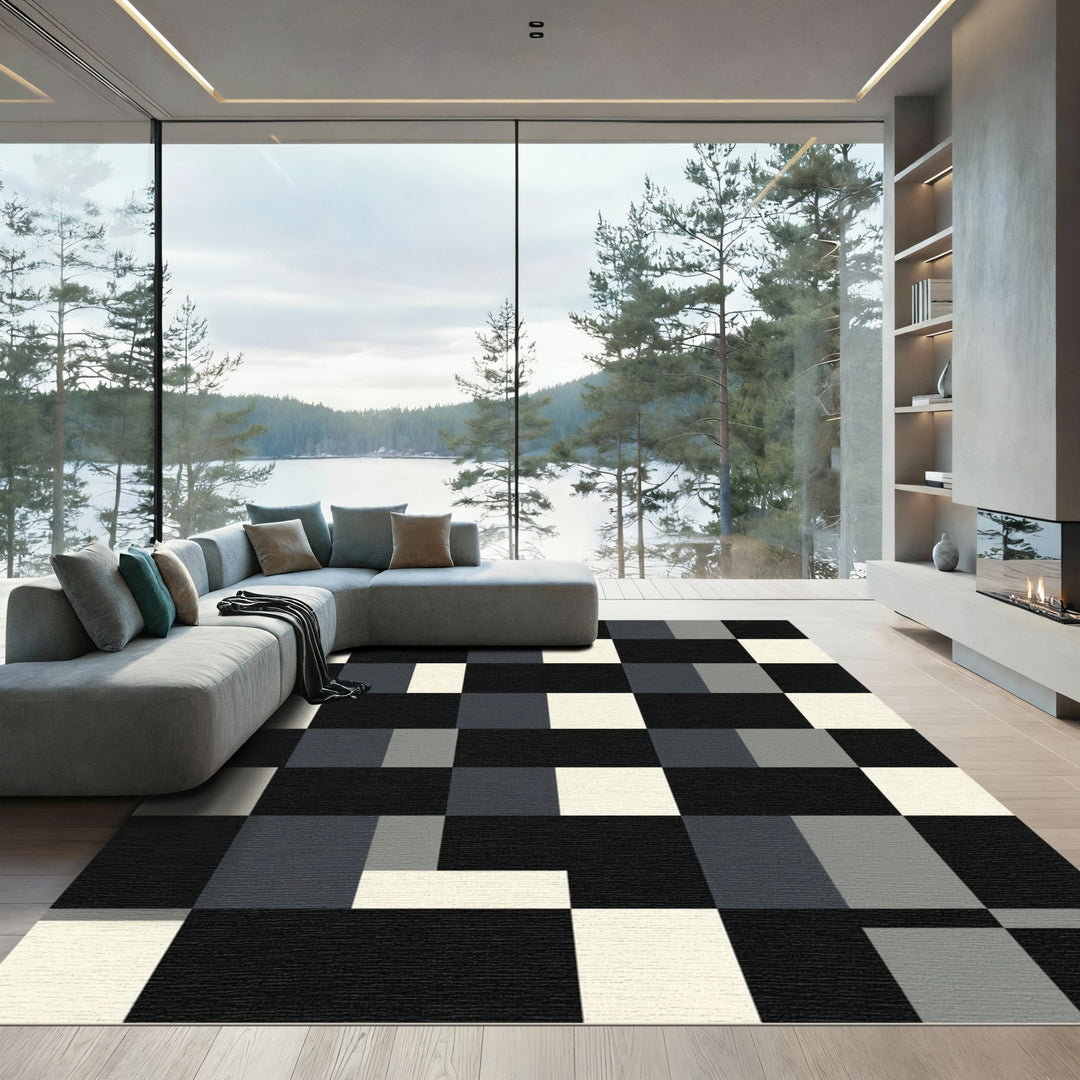 Geometric Black White Gray Squares Rug