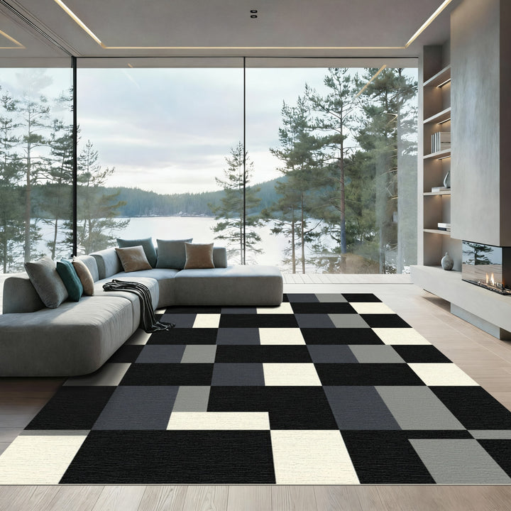 Geometric Black White Gray Squares Rug