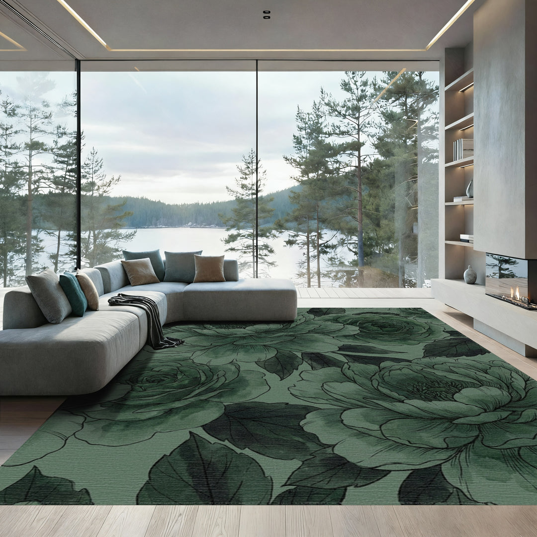 Moody Emerald Peony Floral Rug