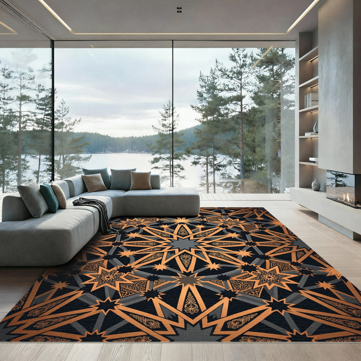 Geometric Bronze Starburst Mandala Rug
