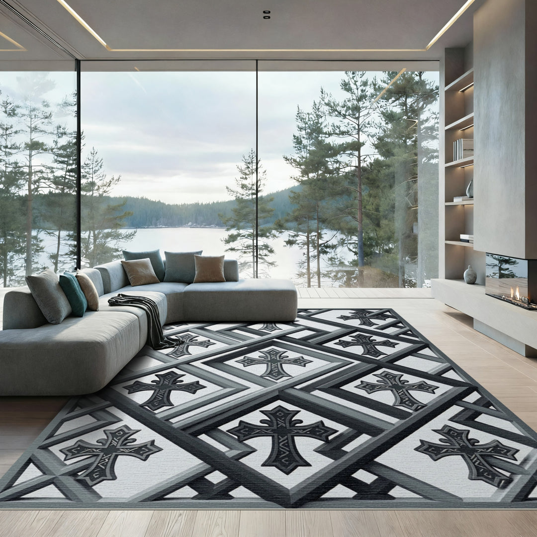 Gray Geometric Cross Lattice Rug