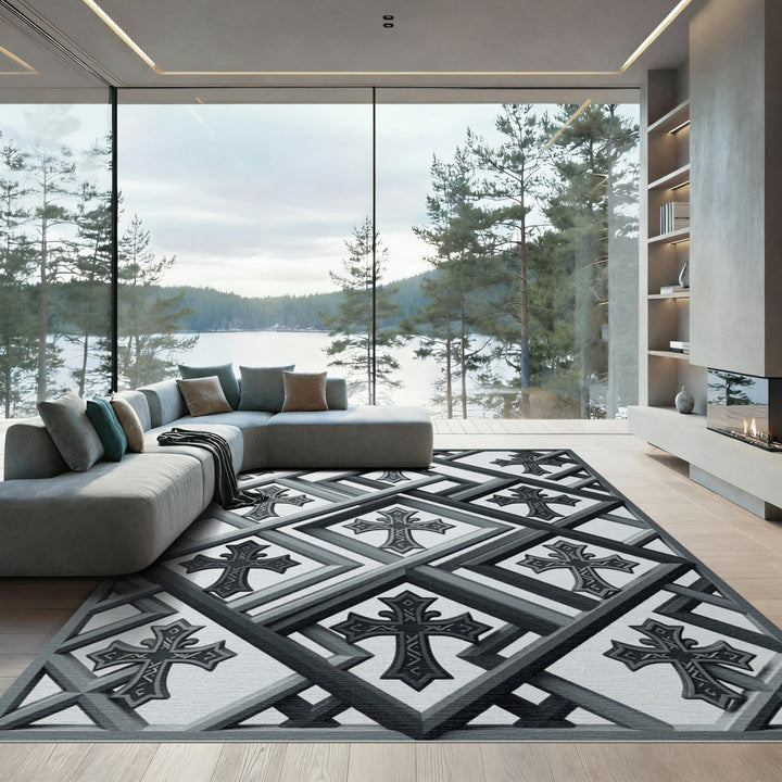 Gray Geometric Cross Lattice Rug
