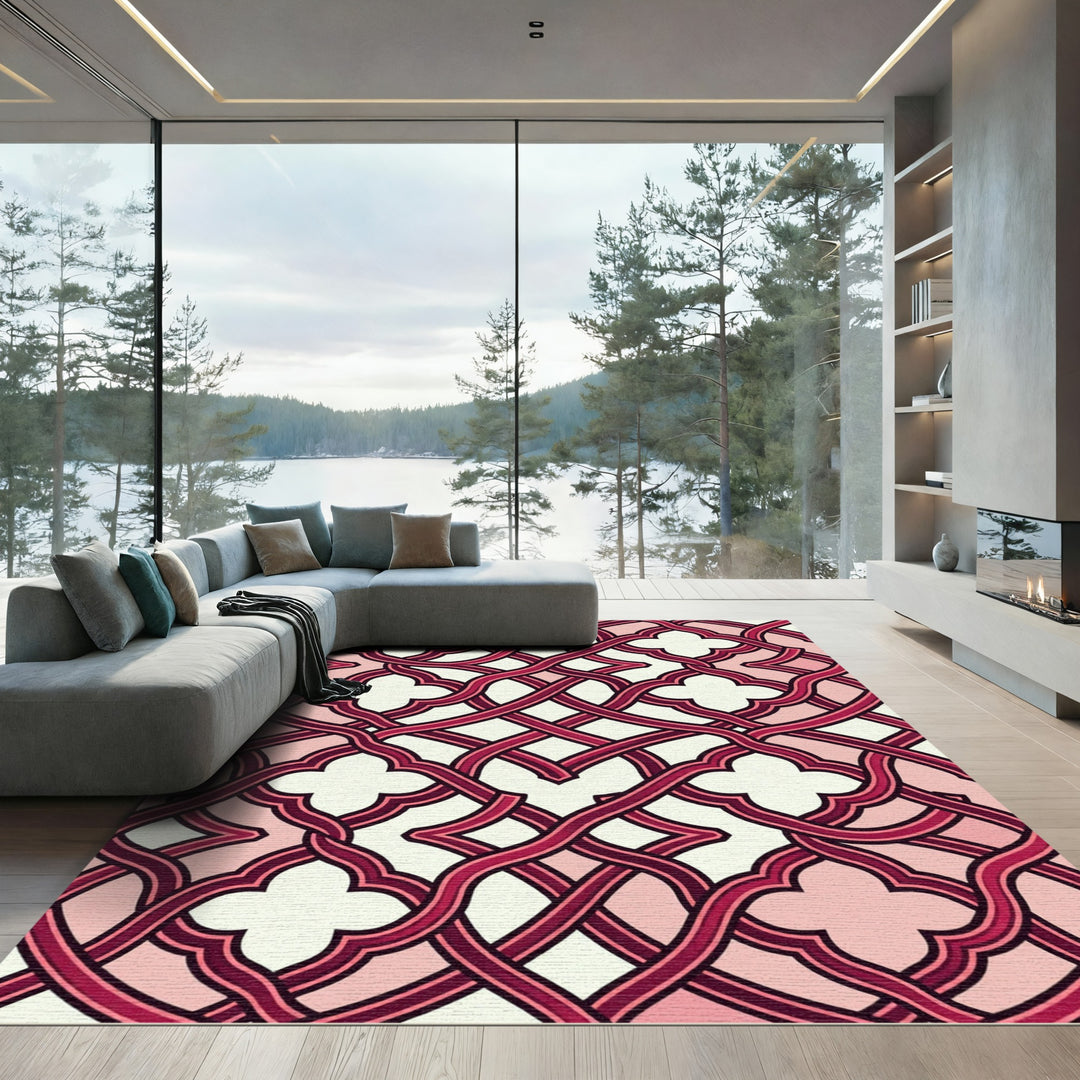 Crimson Interlocking Quatrefoil Lattice Rug