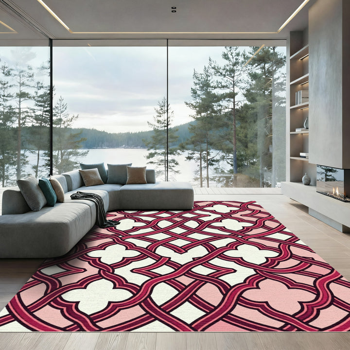 Crimson Interlocking Quatrefoil Lattice Rug