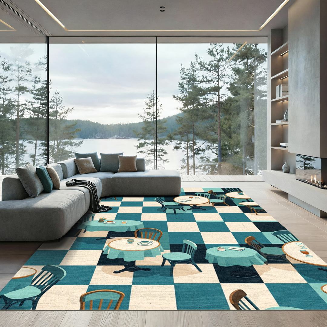 Retro Cafe Checkerboard Tables Rug