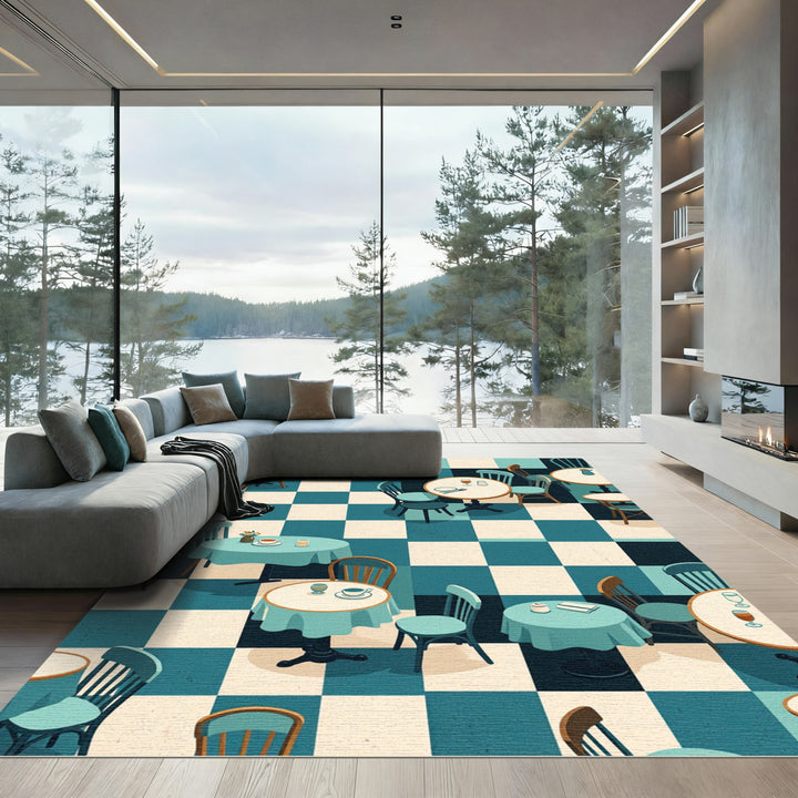 Retro Cafe Checkerboard Tables Rug