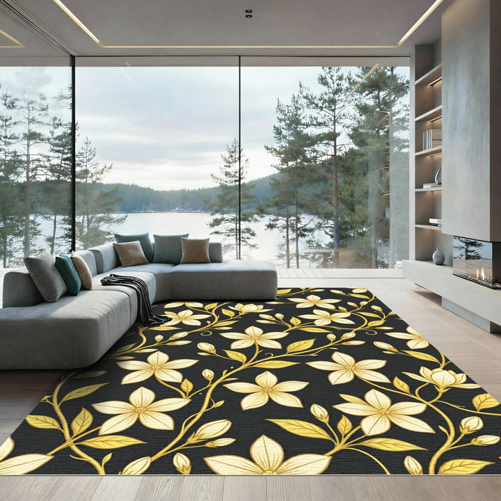 Golden Floral Vine Black Rug