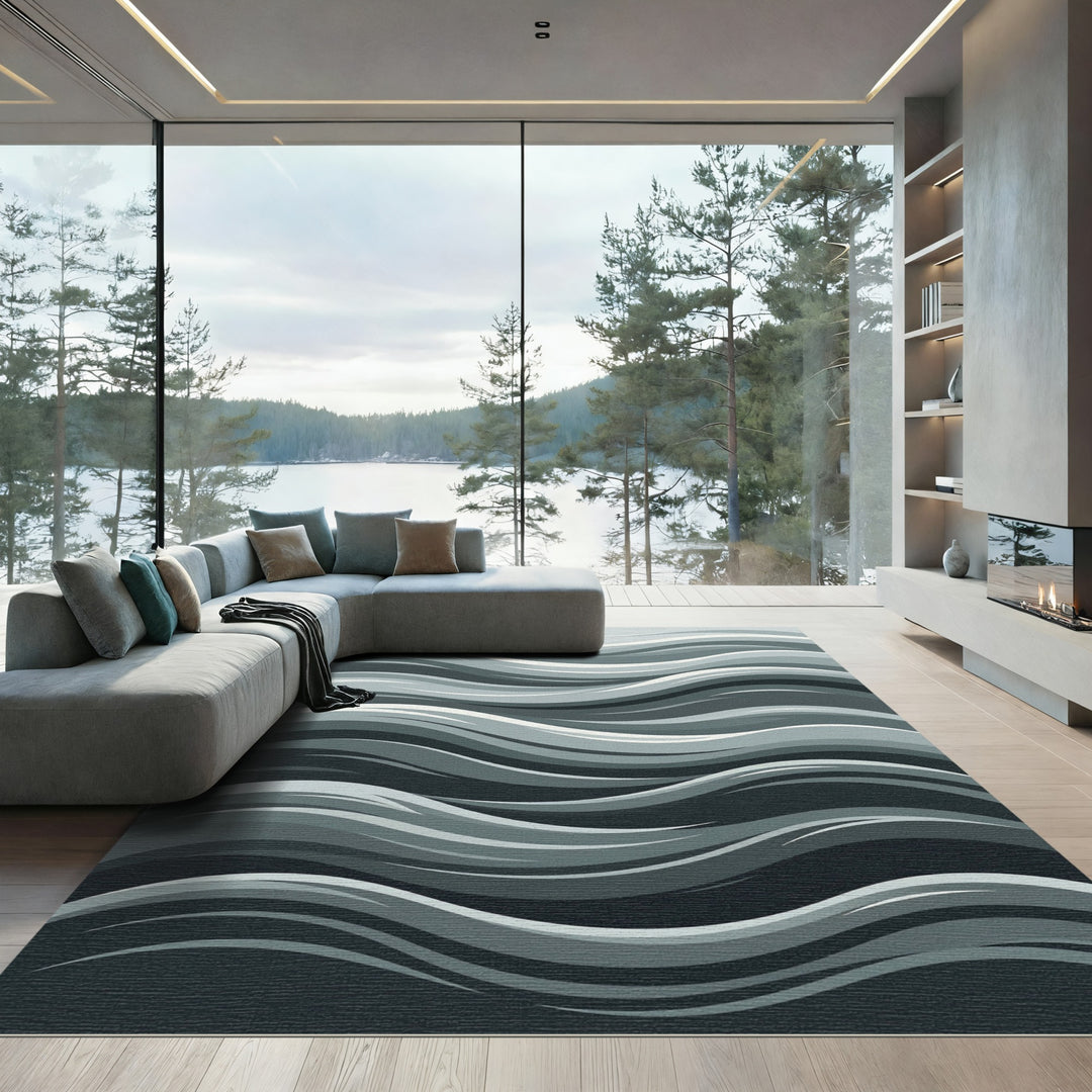 Abstract Grayscale Flowing Waves Rug