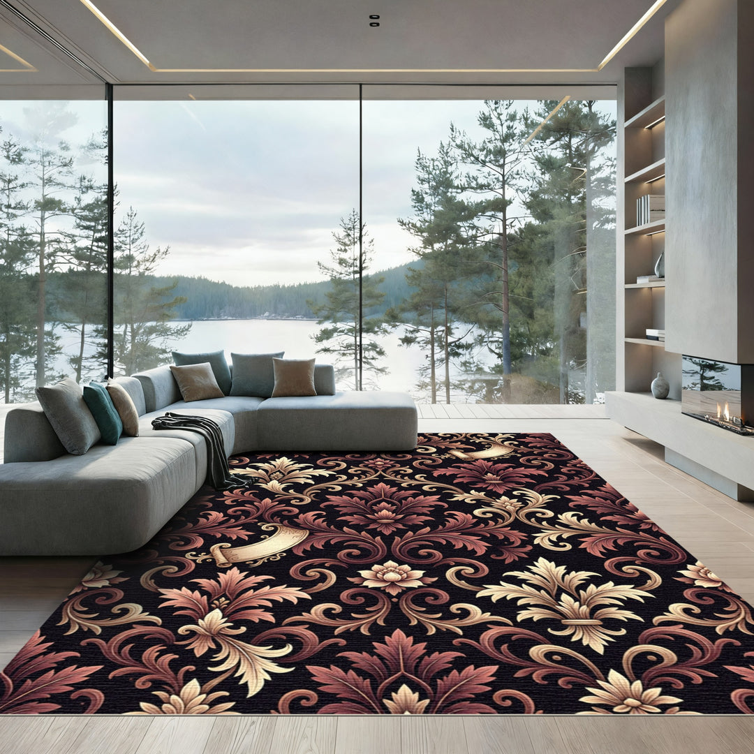 Elegant Burgundy Gold Scrollwork Rug