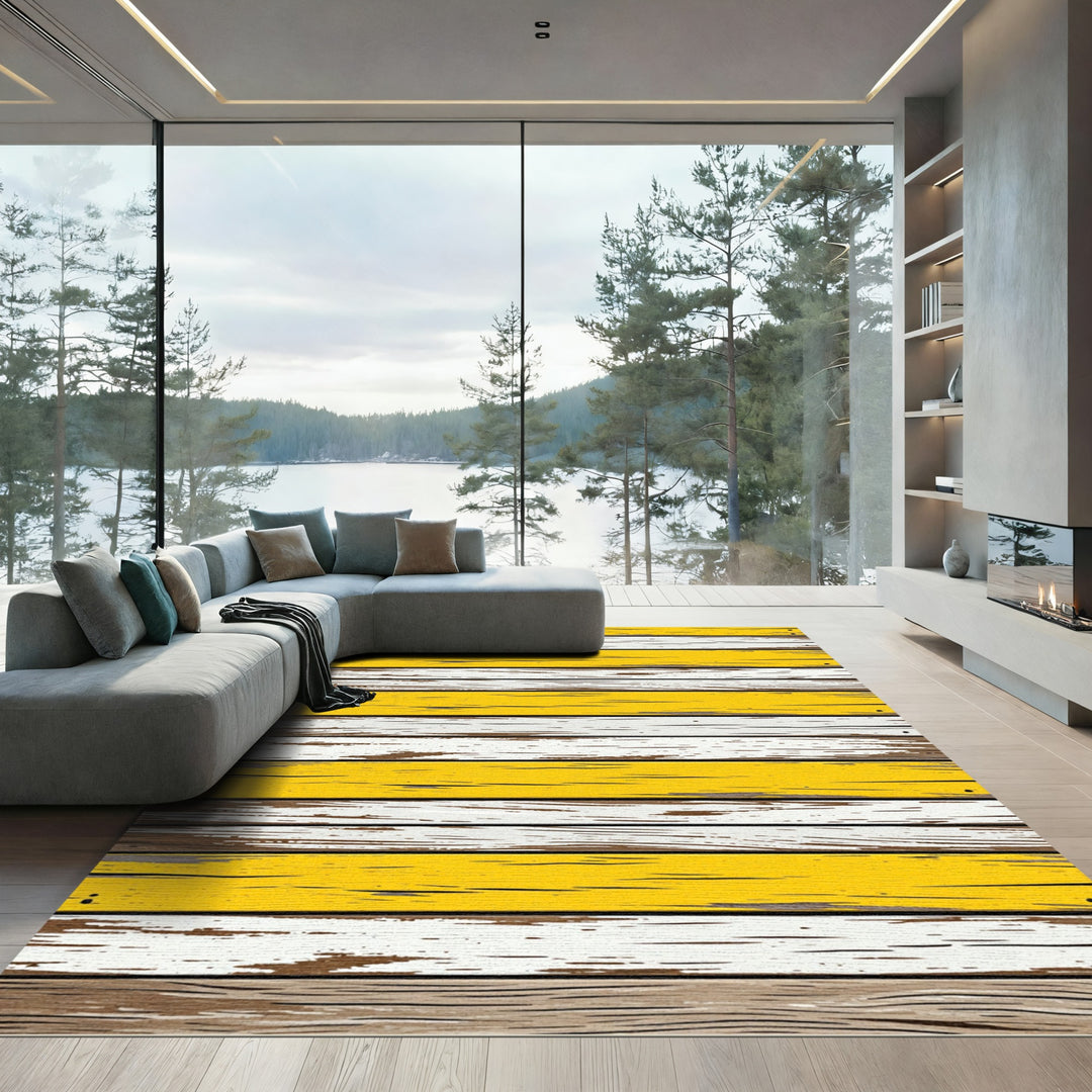 Rustic Yellow White Distressed Wood Rug