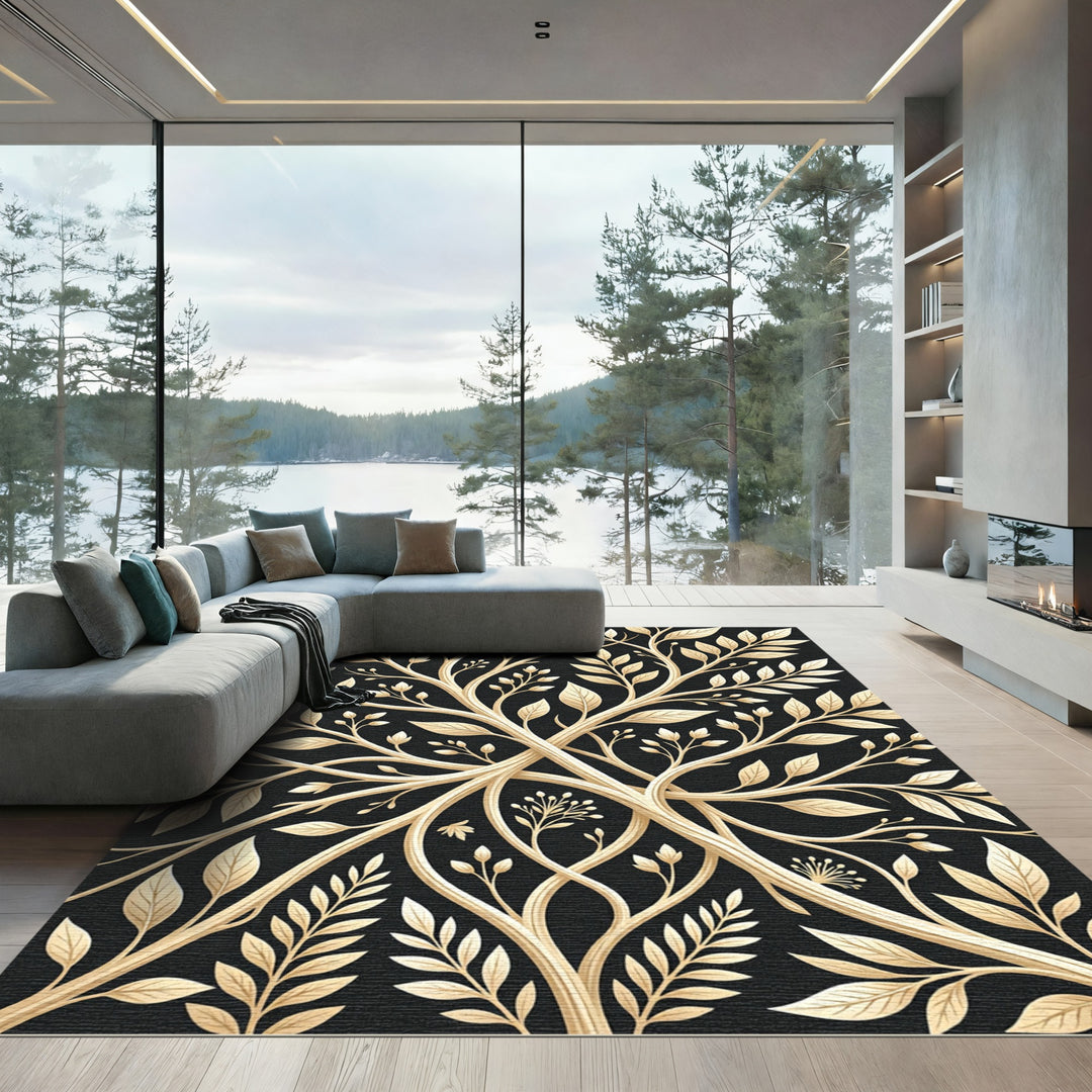 Golden Branches Black Botanical Rug