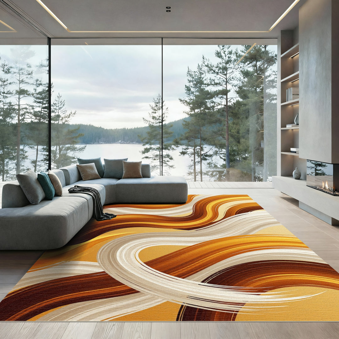 Abstract Swirls Brown Cream Gold Rug
