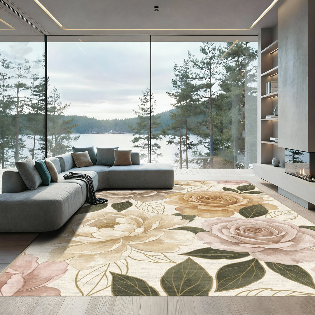 Creamy Taupe Lush Floral Garden Rug