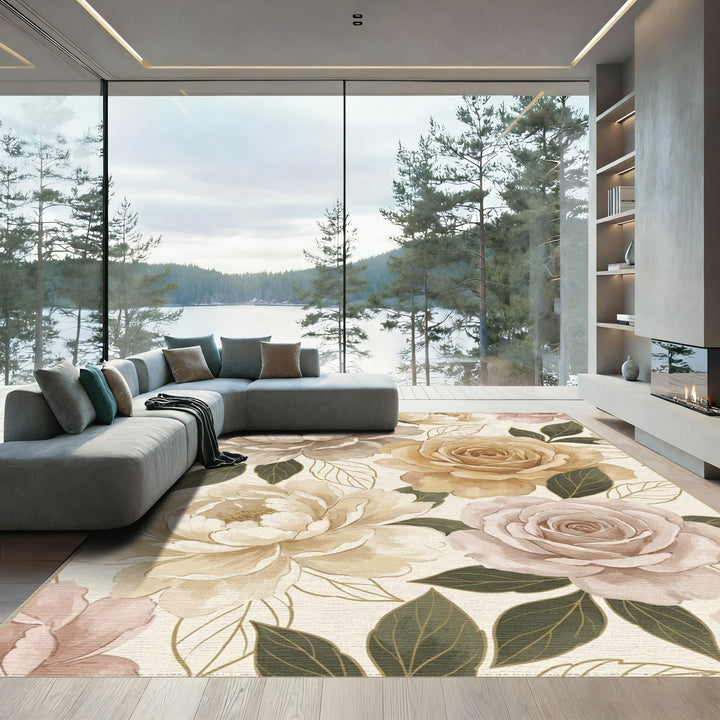 Creamy Taupe Lush Floral Garden Rug