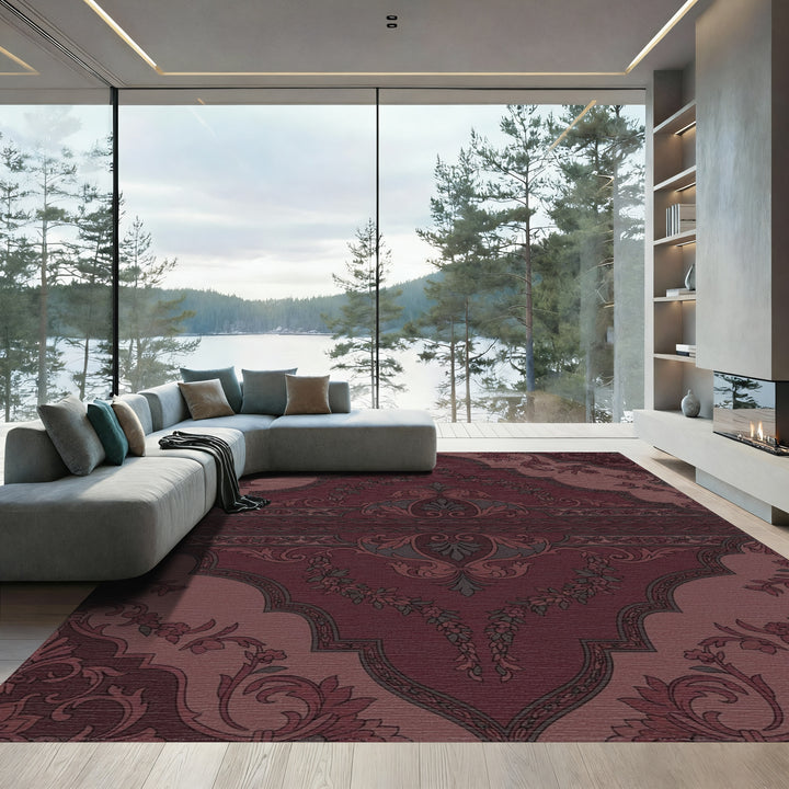 Deep Burgundy Floral Arch Medallion Rug