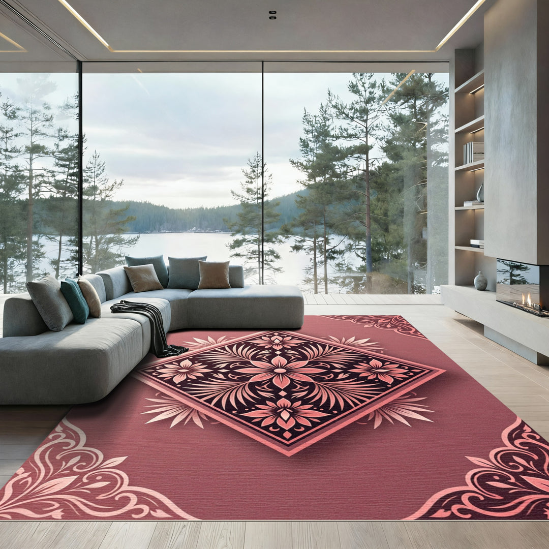 Rose Gold Floral Medallion Square Rug
