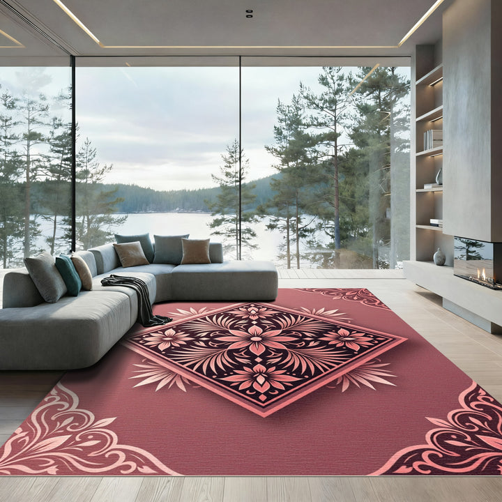 Rose Gold Floral Medallion Square Rug