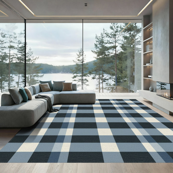 Classic Navy Cream Plaid Squares Rug