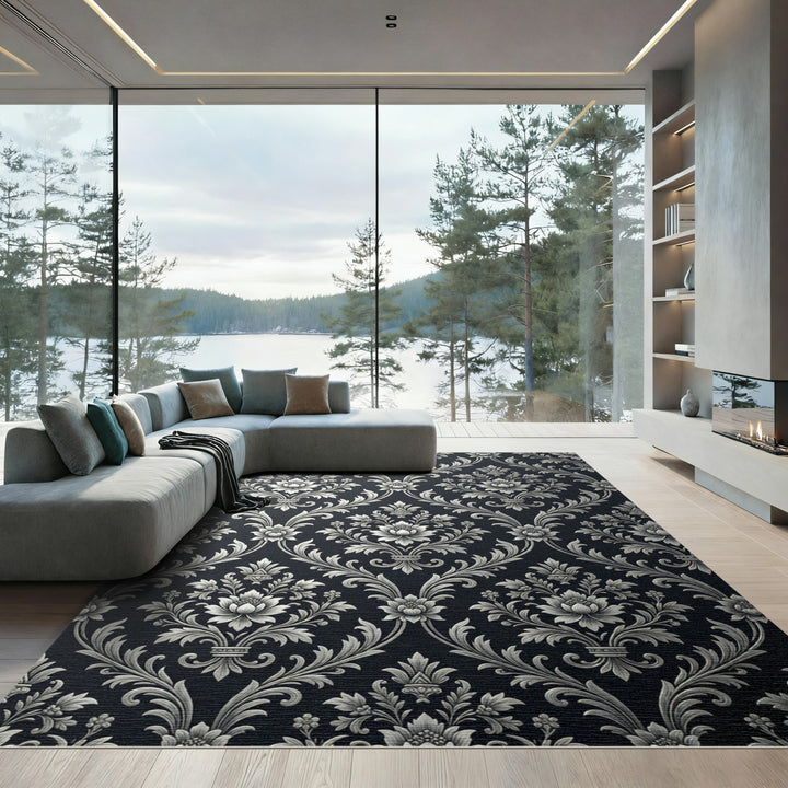 Damask Silver Floral Scroll Rug
