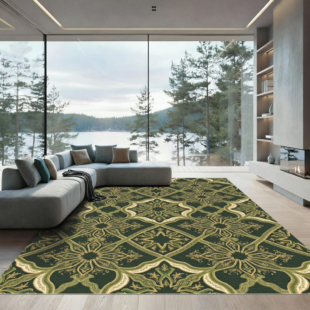 Dark Green Arabesque Bloom Area Rug