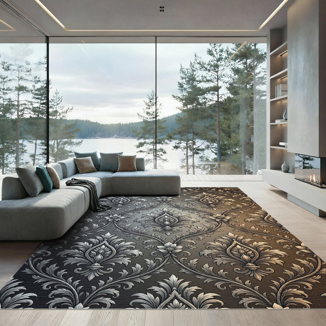 Silver Damask floral ornamental Rug