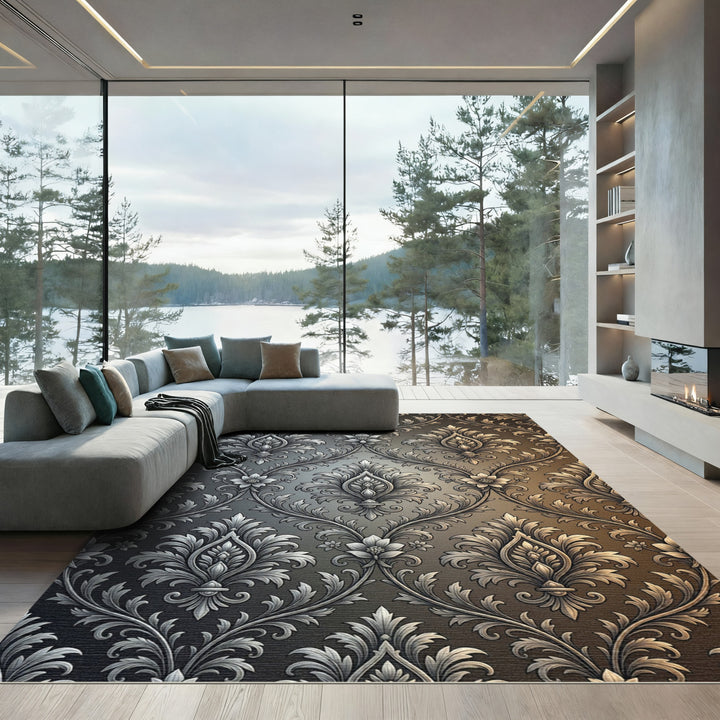 Silver Damask floral ornamental Rug