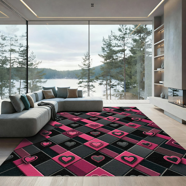 Pink Black Heart Geometric Rug